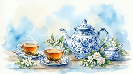 Fototapeta premium Watercolor tea set with blue and white porcelain teapot, cups of hot tea, and jasmine flowers on a soft blue background.