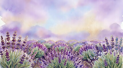 Obraz premium Watercolor lavender field with purple flowers blooming under soft pastel sky. Botanical illustration for aromatherapy, wellness and natural beauty concepts.