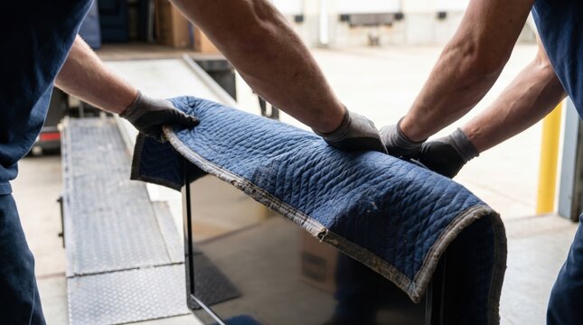 Two professional movers wrapping and carrying a large flat screen television with a protective blue moving blanket