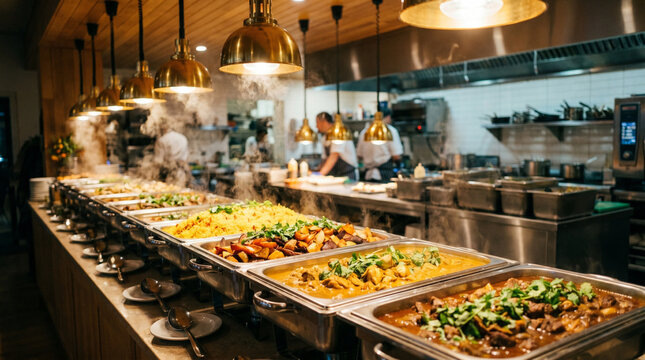 Expansive buffet line showcasing diverse array of hot dishes in gleaming stainless steel chafing dishes, chefs working in background preparing more food, warm inviting atmosphere for hungry guests.