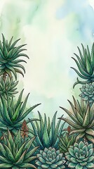 Fototapeta premium Watercolor succulent plants frame with soft green and blue tones creating natural botanical border for wedding invitations and greeting cards.