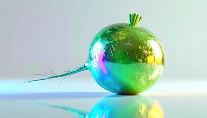 Obraz premium Iridescent Radish with Root and Green Stems Reflecting Light.
