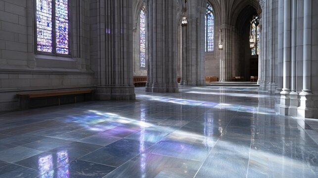 Spacious gothic cathedral interior with stained glass reflections on polished floor for architecture background and sacred space poster