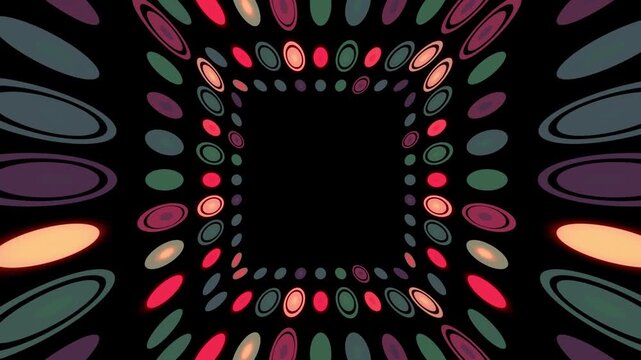 3D perspective tunnel made of glowing colorful circles and dots. Retro-futuristic corridor with red, green, and blue lights. Vintage background