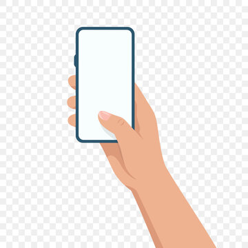 Hand Holding Smartphone with Finger Touching Screen, Vector Illustration. Mobile Phone UI Gesture. Touchscreen Interaction Concept. App Interface Blank Display. Click Tap Swipe Action