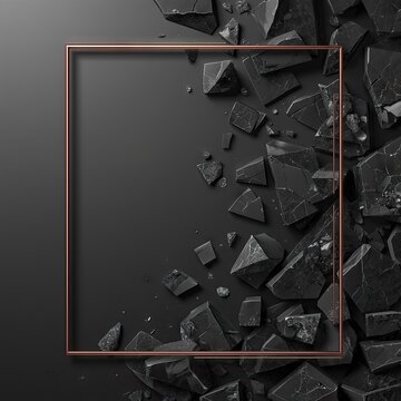 Elegant thin rose gold frame placed over scattered dark charcoal stone fragments on a matte black background