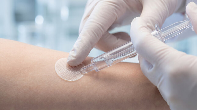 Healthcare professional wearing white gloves applies a microneedle patch to a person's arm for medical treatment or vaccination in close-up view.