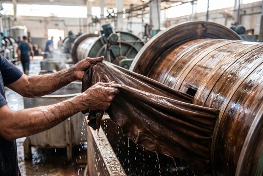 Factory worker handling wet brown hides next to large rotating wooden drums in a leather tannery
