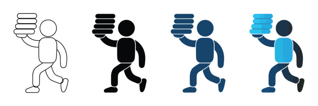 Set of four minimalist stick figure icons depicting a person carrying a stack of plates or pizza boxes in various styles including line art and solid colors