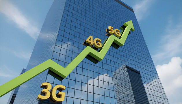 Modern skyscraper with 3G, 4G, 5G network graph, blue cloudy sky background, technology growth concept