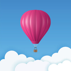 Obraz premium Vector Travel Banner with 3d Realistic Pink Hot Air Balloon Icon on a Blue Sky Background. Design Template, Summer Vacation, Travelling, Tourism and Journey Concept