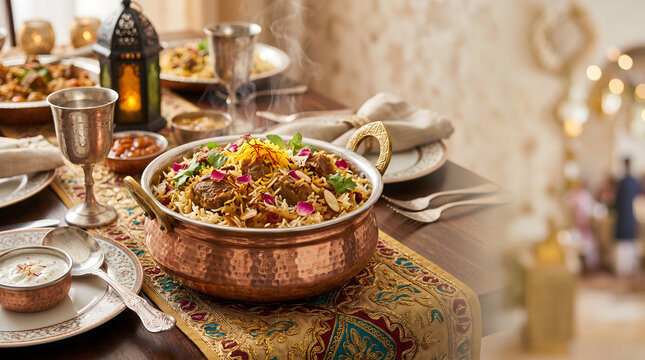 Steaming biryani in copper pot garnished with petal on festive decorated table