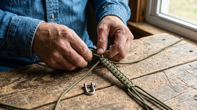 Mature craftsman braiding olive green paracord lanyard on rustic wooden workbench near metal shackle with natural light from window illuminating hands working