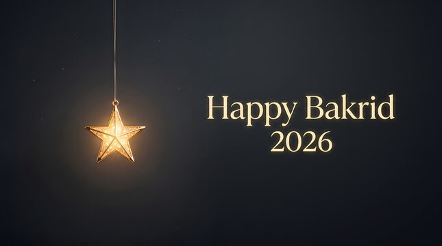 Glowing gold star lantern hanging on dark background with bakrid celebration greeting