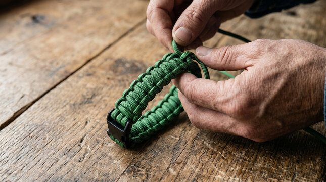 Person assembling green paracord survival bracelet with black plastic buckle closure on aged wooden background showing manual braiding technique with nylon rope