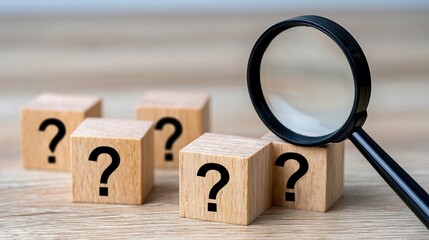 Fototapeta premium Magnifying glass over wooden blocks with question marks for research, investigation and decision making background for business or education articles