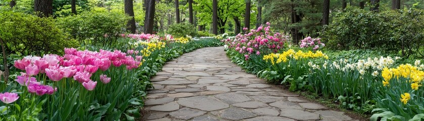 Obraz premium Glistening stone pathway flanked by vibrant tulips and blooming spring flowers for garden walkway background and floral landscape wallpaper