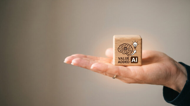 Ai agent for financial value added in hand with wood cube and copy space