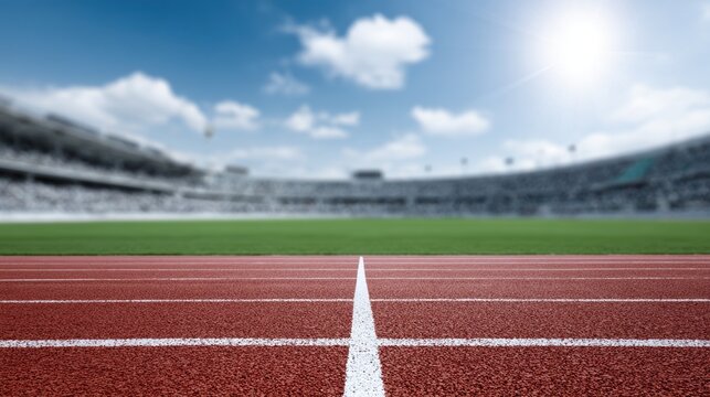 Outdoor red running track lane leading to stadium field under sunny sky for sports event background competition banner and athletic training design