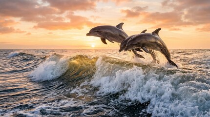 Obraz premium Three Dolphins Jumping Over Ocean Waves at Sunset Golden Hour Marine Life Wildlife Sea Background Art