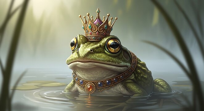 Regal amphibian a crowned frog in a fantasy realm symbolizing transformation and royalty