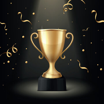 Vector Golden Trophy Cup Award on Black Background with Confetti. Winner Prize for Championship and Success Celebration. Competition, Ceremony, Achievement Concept