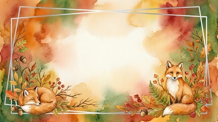 Fototapeta premium Watercolor autumn frame with cute foxes, fall leaves, berries and branches creating warm seasonal border for greeting cards, invitations and decorations.