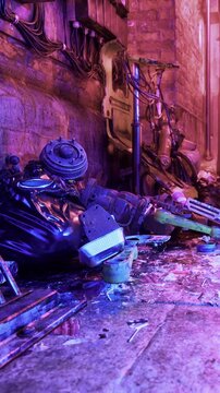 Garbage bags and broken items are scattered on the ground in a dark alley. The dim light reveals walls and old equipment nearby. This scene shows urban waste at night.