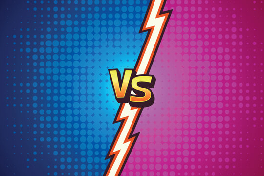 Comic Versus Vector Background. Versus Battle Screen. Versus vs Arena Split. Blue Pink Halftone Divider. Game Competition Banner Template, Dynamic Fighting Poster Backdrop