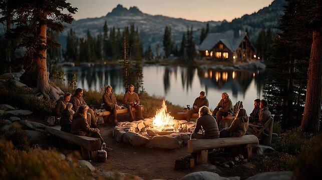 People sitting by campfire telling stories and bonding images