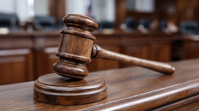 Close-up wooden gavel on mahogany judicial bench for courtroom justice background and legal banner design