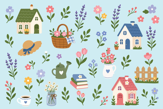 Cute Cottage English Countryside Lovely Pretty Charming Cottages Flowers Relaxing Country Seamless Repeat Pattern Vector Print