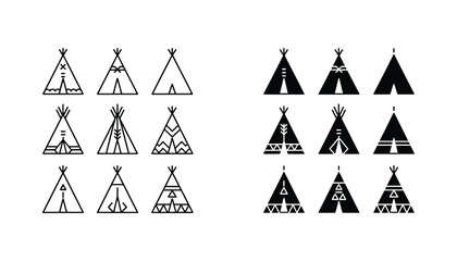 Collection of native american teepee icons in various decorative patterns shown in outline and solid black styles for historical and travel design © Eastern