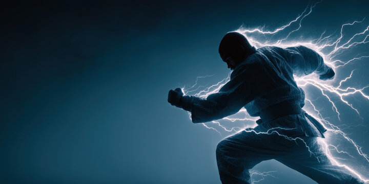 Martial artist in fighting stance surrounded by electric lightning bolts