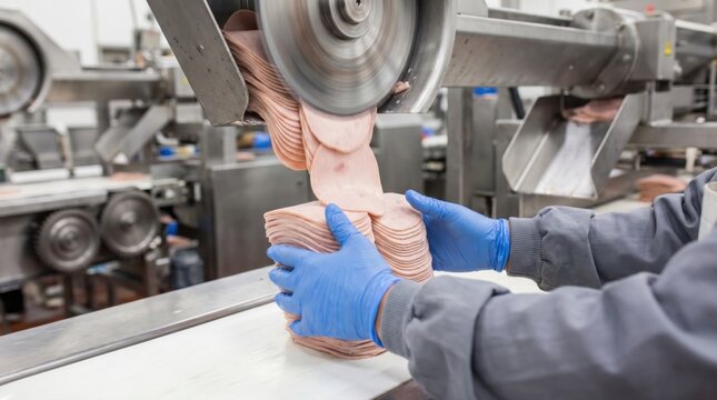 Food processing worker in blue gloves catching a large stack of thin sliced luncheon meat falling from an industrial slicer