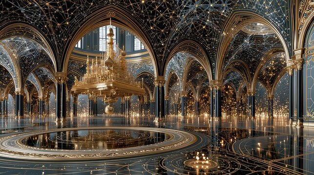 Surreal quantum processor structure floating in a cosmic void where neural networks and molecular lattices intertwine like constellations. Features golden filigree and glowing subatomic particles.