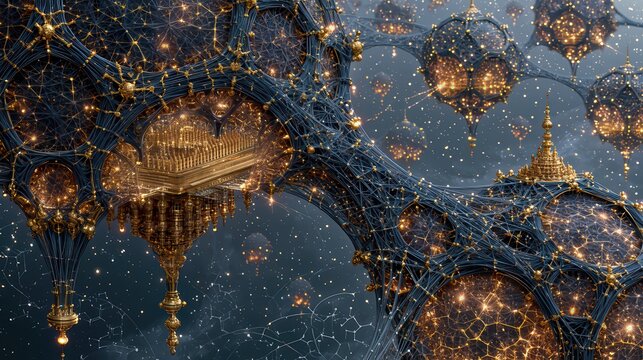 Surreal quantum processor structure floating in a cosmic void where neural networks and molecular lattices intertwine like constellations. Features golden filigree and glowing subatomic particles.