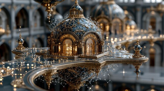Surreal quantum processor structure floating in a cosmic void where neural networks and molecular lattices intertwine like constellations. Features golden filigree and glowing subatomic particles.
