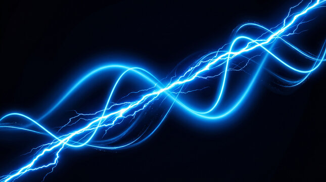 Blue electrical lightning arcs and wavy energy bolts on a black background for power and technology concept with lightning electricity abstract background discharge technology wallpaper