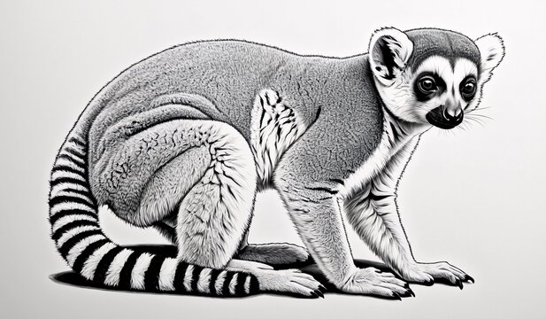 Black and white coloring book page, An illustration of a lemur 