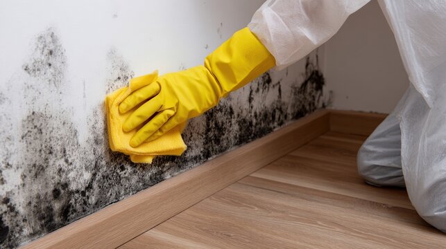 Person in protective suit cleaning moldy wall with yellow gloves and sponge for home remediation and restoration