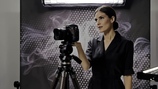 Professional female photographer operating a DSLR camera on a tripod in a studio setting with lighting equipment