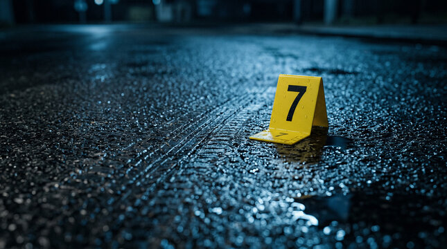 Yellow forensic evidence marker number seven placed on wet dark asphalt during a night crime scene investigation for police detective work with evidence investigation forensic detective pavement