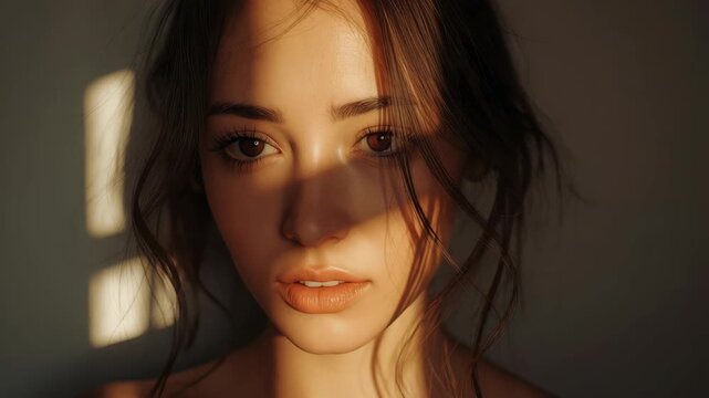 Warm close up portrait of woman face with shadow warm light dramatic window mood