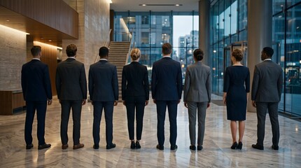 Fototapeta premium Diverse Business Professionals Standing in a Modern Corporate Lobby, Looking Forward to Future Opportunities and Success