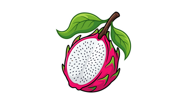 Vibrant dragon fruit illustration with fresh green leaves, tropical superfood concept, healthy lifestyle and wellness design