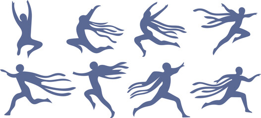 Fototapeta premium Set of purple silhouette people running and jumping with dynamic flowing ribbons and motion lines showing speed and energy