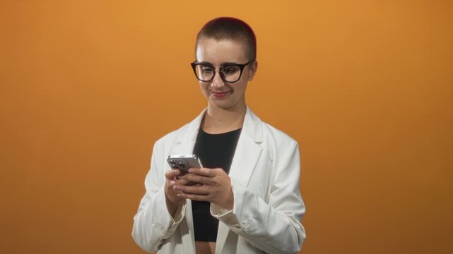 Woman with short buzz cut and glasses in white blazer and black crop top holding smartphone with both hands typing with thumbs in orange studio; focused connection.