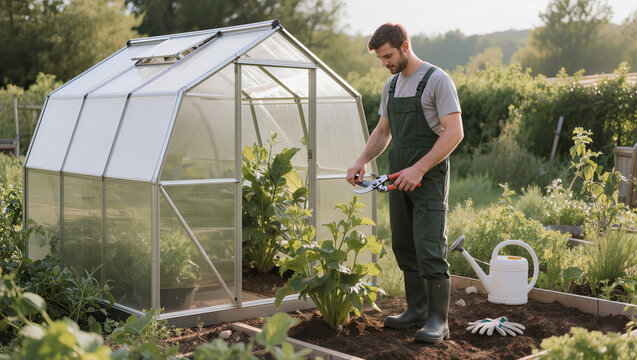 Man tending to plants in a greenhouse 8.