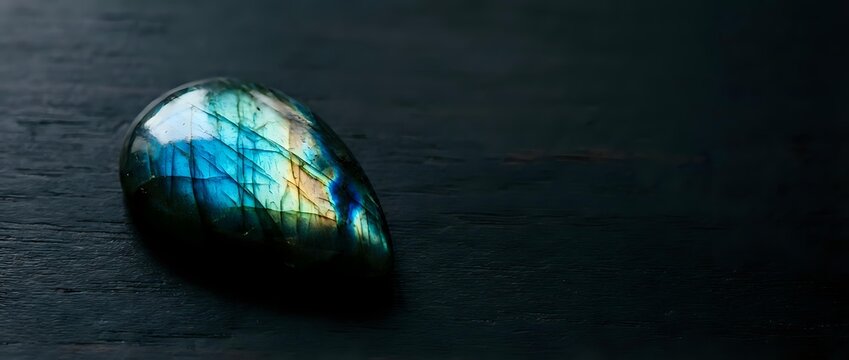 Polished labradorite gemstone with brilliant blue and green flash on dark slate surface for jewelry design and spiritual healing practices.
